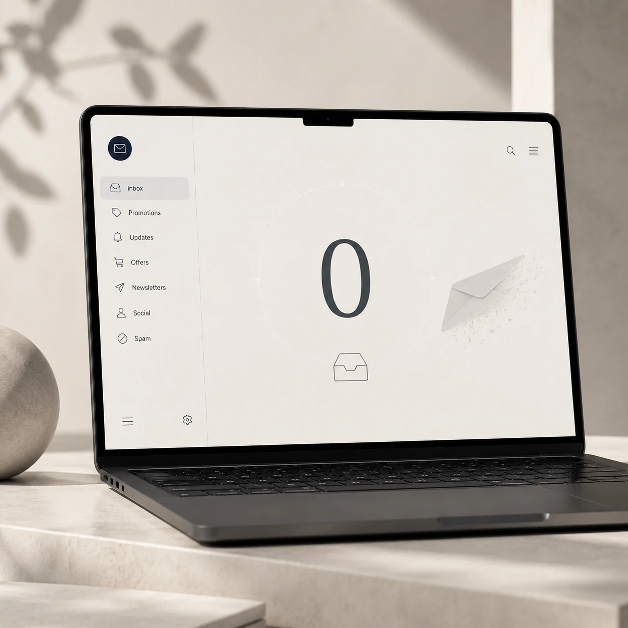 A premium laptop showing a completely empty inbox and a large number 0.