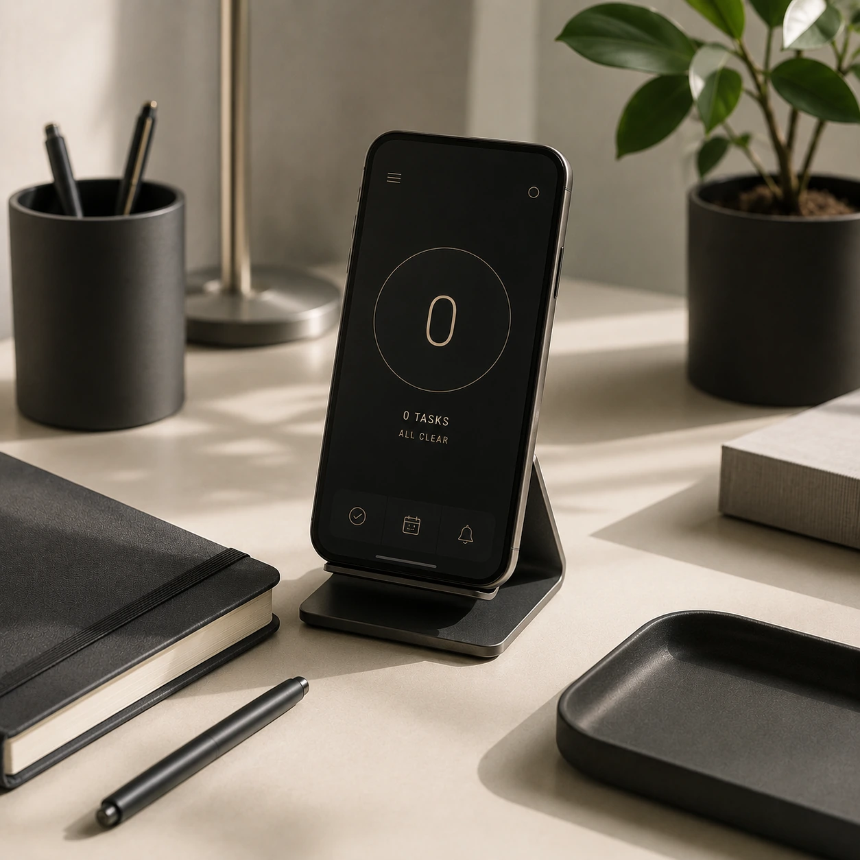 Een rustige werkplek met een generieke telefoon op een standaard waarop nul taken en alles klaar staat.